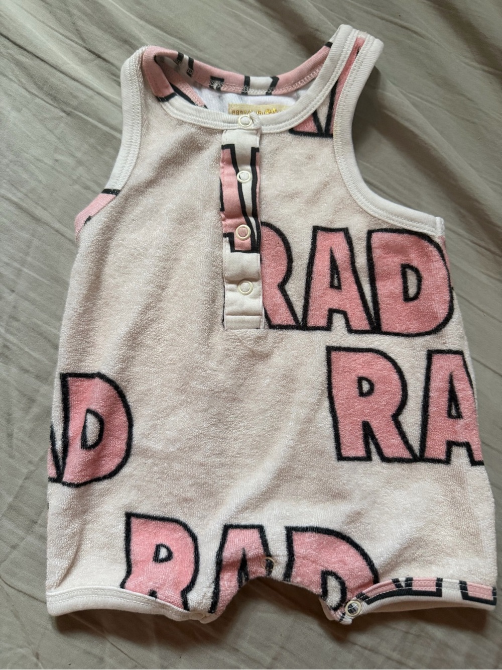 Rare One-Piece Sleeveless Romper in Light Pink with 'RAD' Print